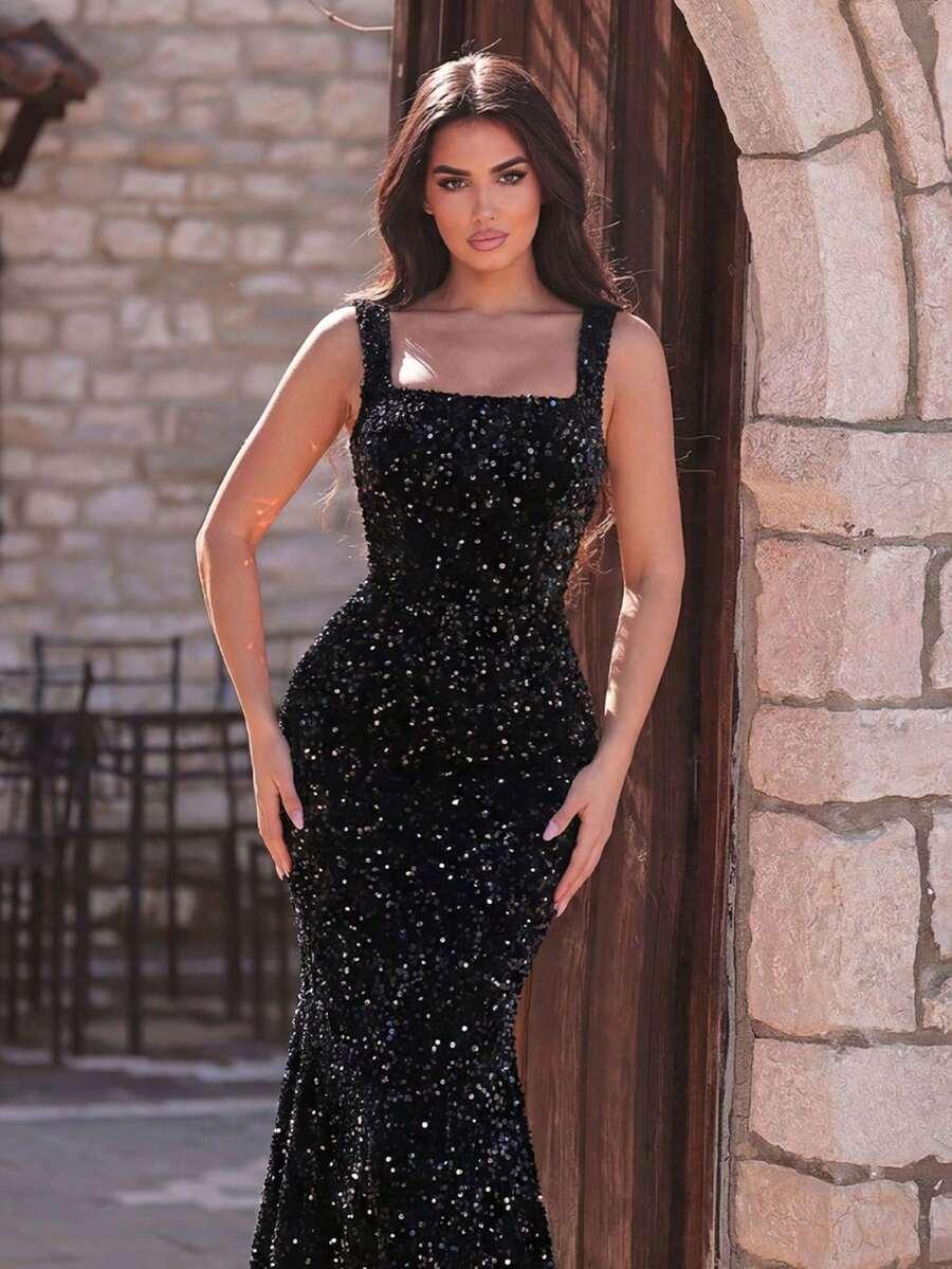 CZARNA SUKIENKA MAXI CEKINY