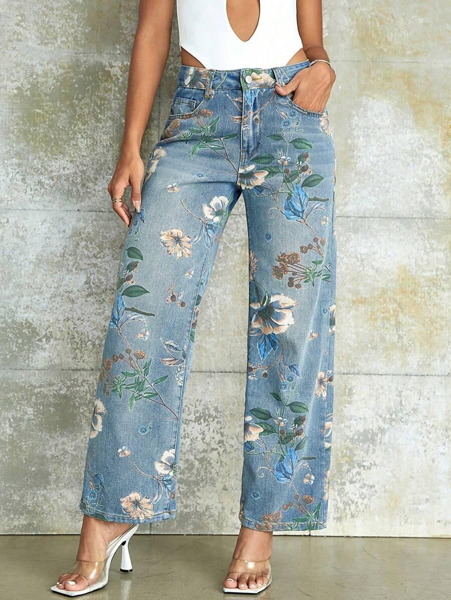 jeansy print kwiaty