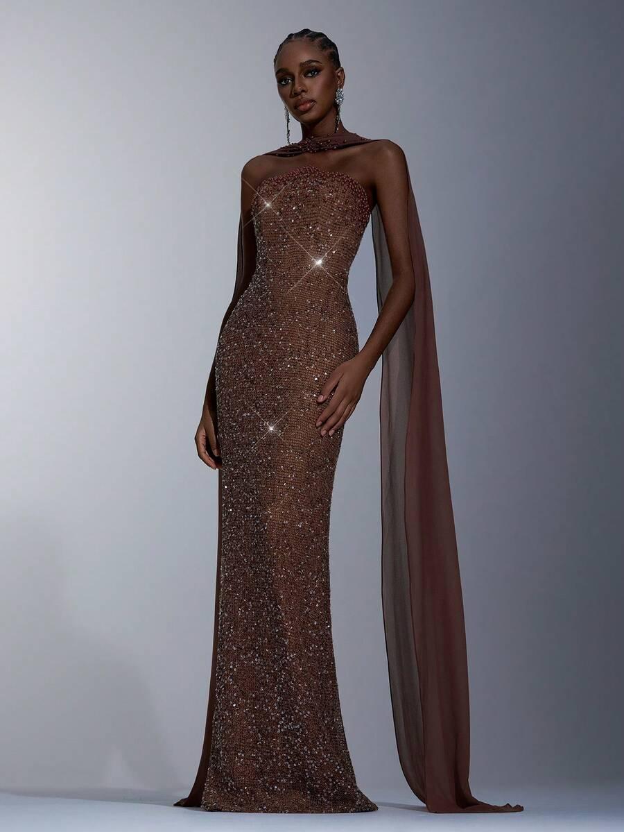 ELEGANCKA SUKIENKA MAXI ODKRYTE RAMIONA CEKINY