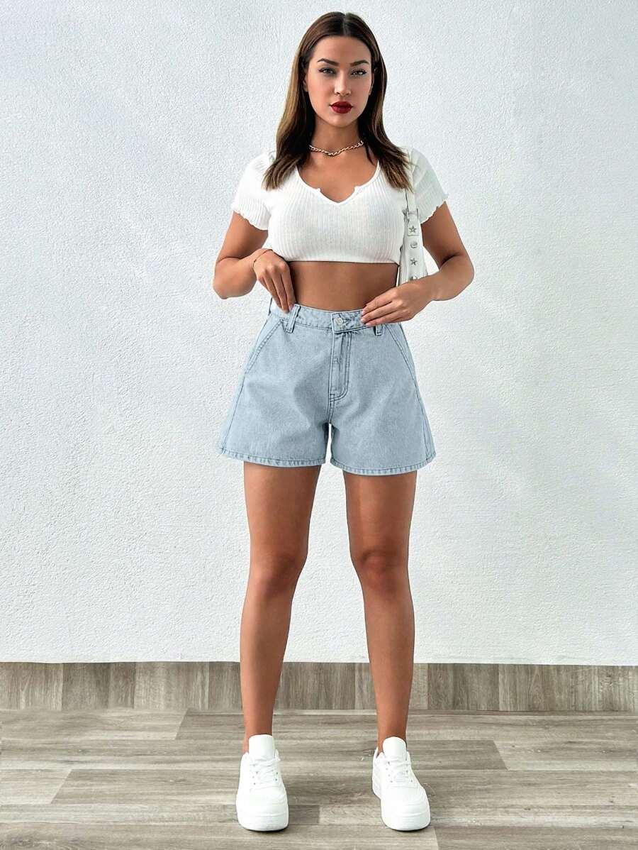 niebieskie spodenki jeans wysoki stan