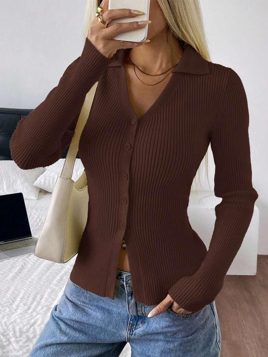 BRĄZOWY DZIANINOWY SWETER GUZIKI 