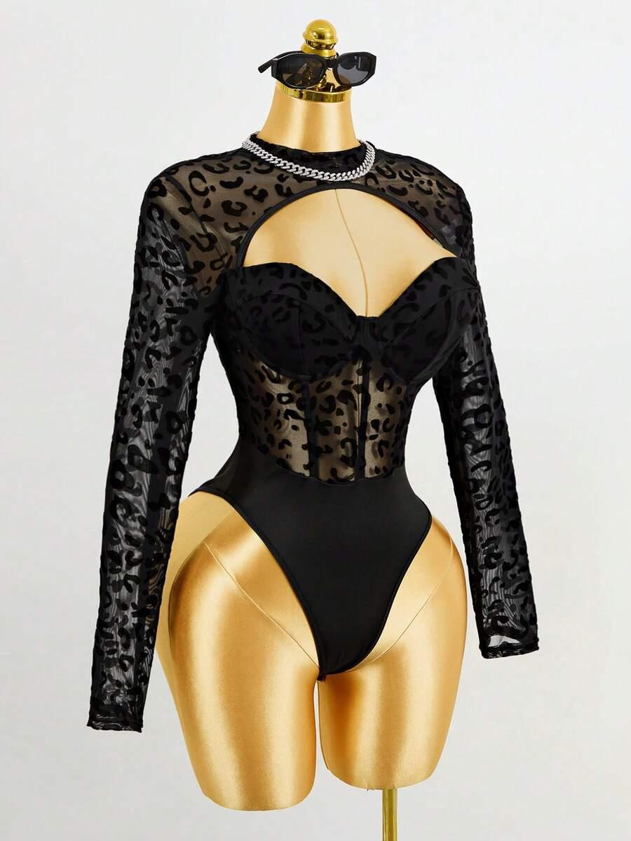 CZARNE BODY Z DŁUGIM RĘKAWEM ANIMAL PRINT 
