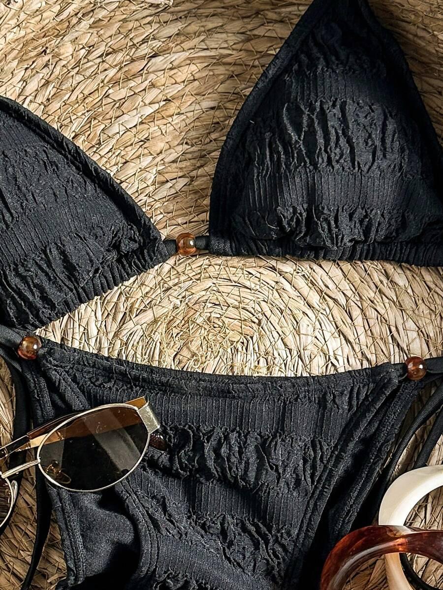 czarny wiązany kostium bikini tekstura komplet