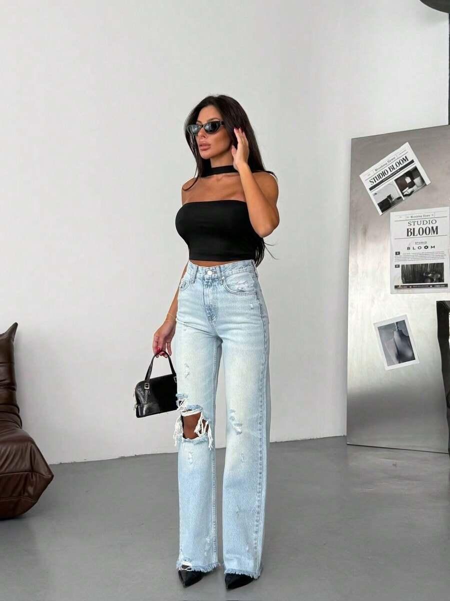 SPODNIE JEANS RIPPED WYSOKI STAN