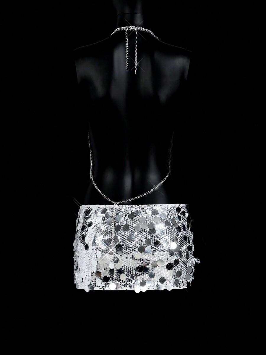 SREBRNY CROP TOP ODKRYTE PLECY 