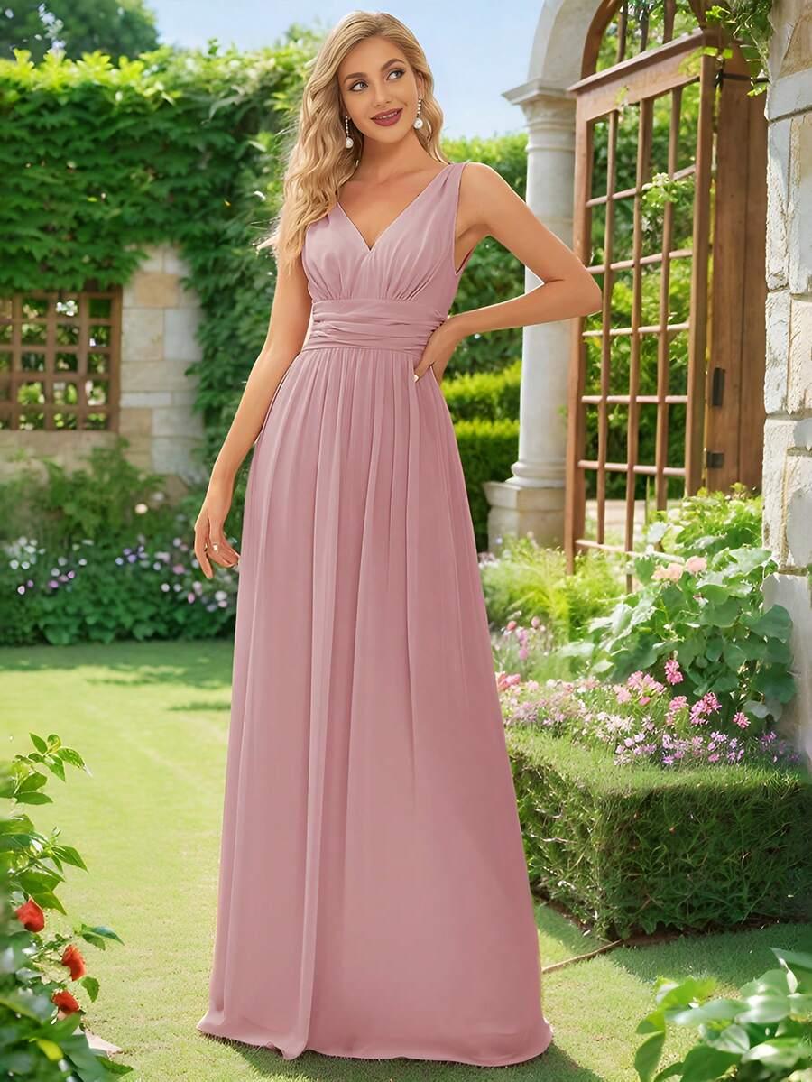 różowa maxi sukienka v-neck