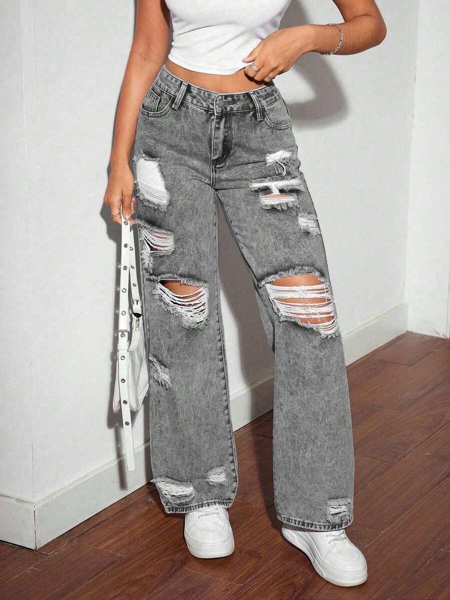 SZARE SPODNIE JEANS przetarcia