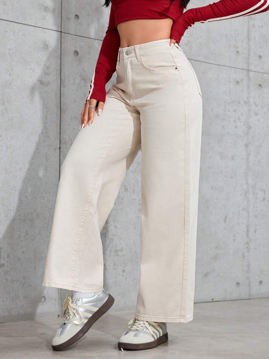 KREMOWE SPODNIE JEANS 