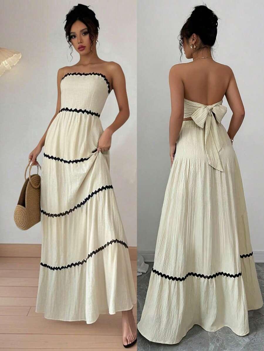 SUKIENKA MAXI OVERSIZE DEKOLT ODKRYTE RAMIONA WIĄZANIE