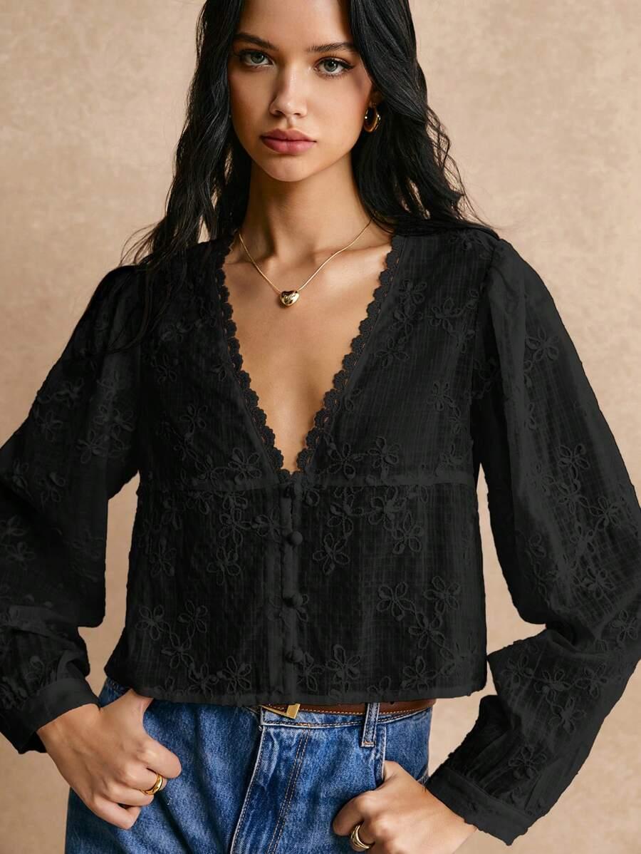 CZARNA BLUZKA V-NECK DŁUGI RĘKAW