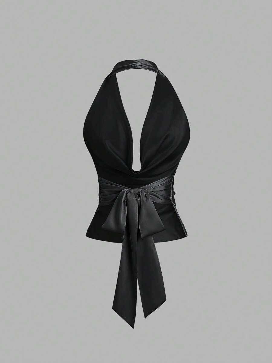 czarny satynowy top 