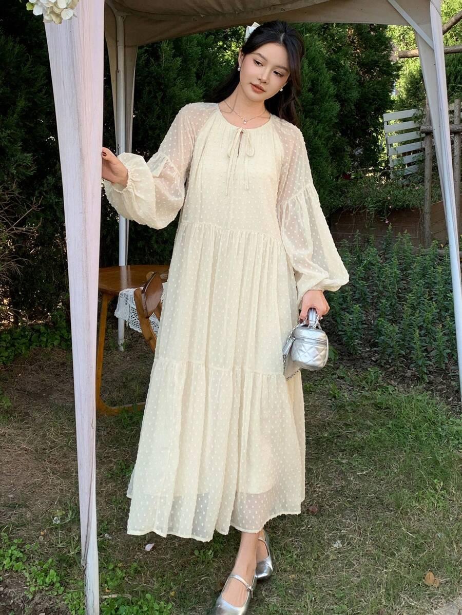 BOHO MIDI SUKIENKA Z WIĄZANYM DEKOLTEM I DŁUGIM RĘKAWEM