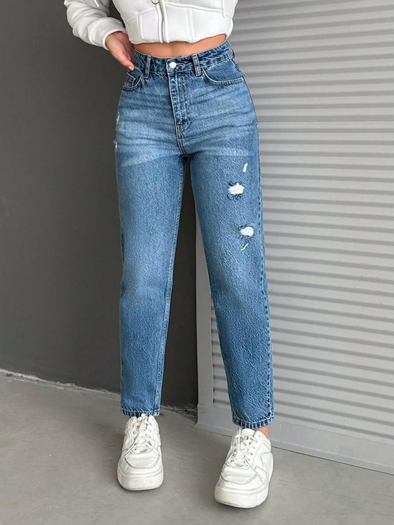 PROSTE SPODNIE RIPPED JEANS KIESZENIE ZAMEK