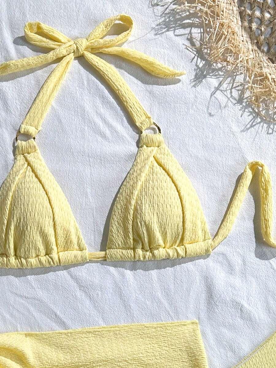 żółty trzyczęściowy komplet bikini wiązanie
