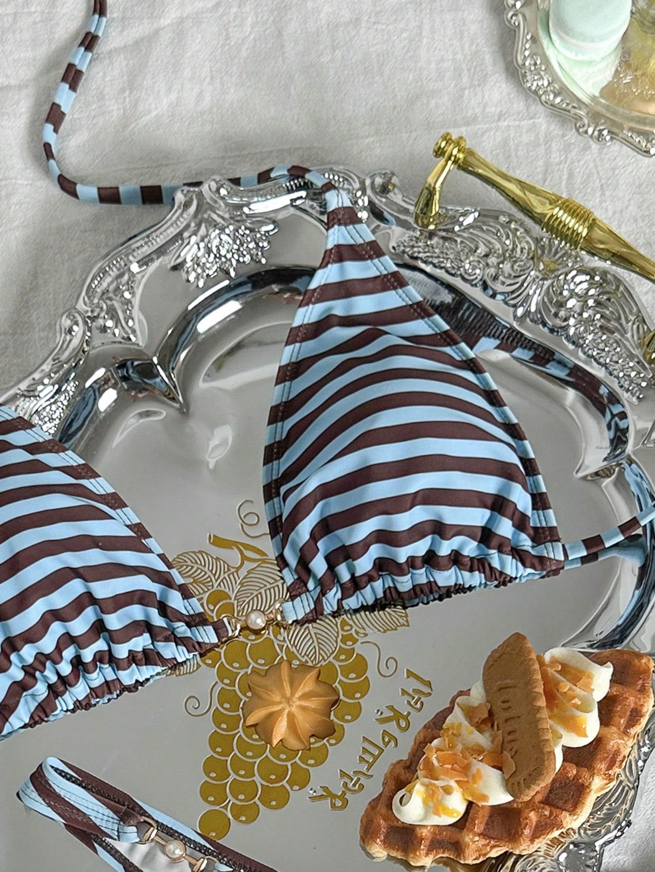 KOMPLET BIKINI WZÓR PASKI ZDOBIENIE