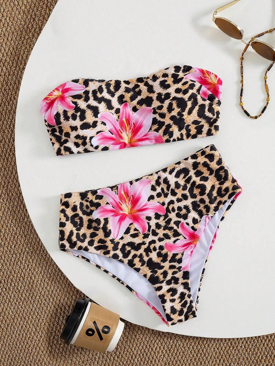 DWUCZĘŚCIOWY STRÓJ KĄPIELOWY ANIMAL PRINT KWIATY 
