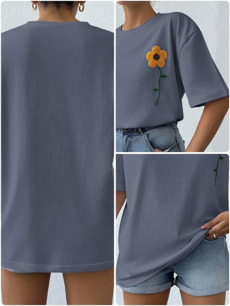 szary T-SHIRT HAFT KWIAT