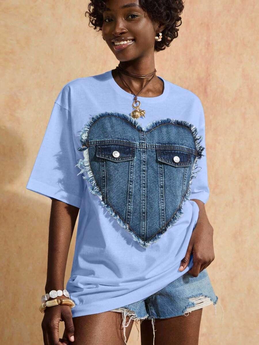 NIEBIESKI T-SHIRT OKRĄGŁY DEKOLT