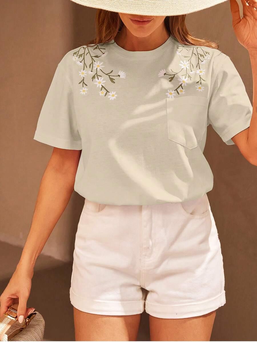 beżowy t-shirt okrągły dekolt haft