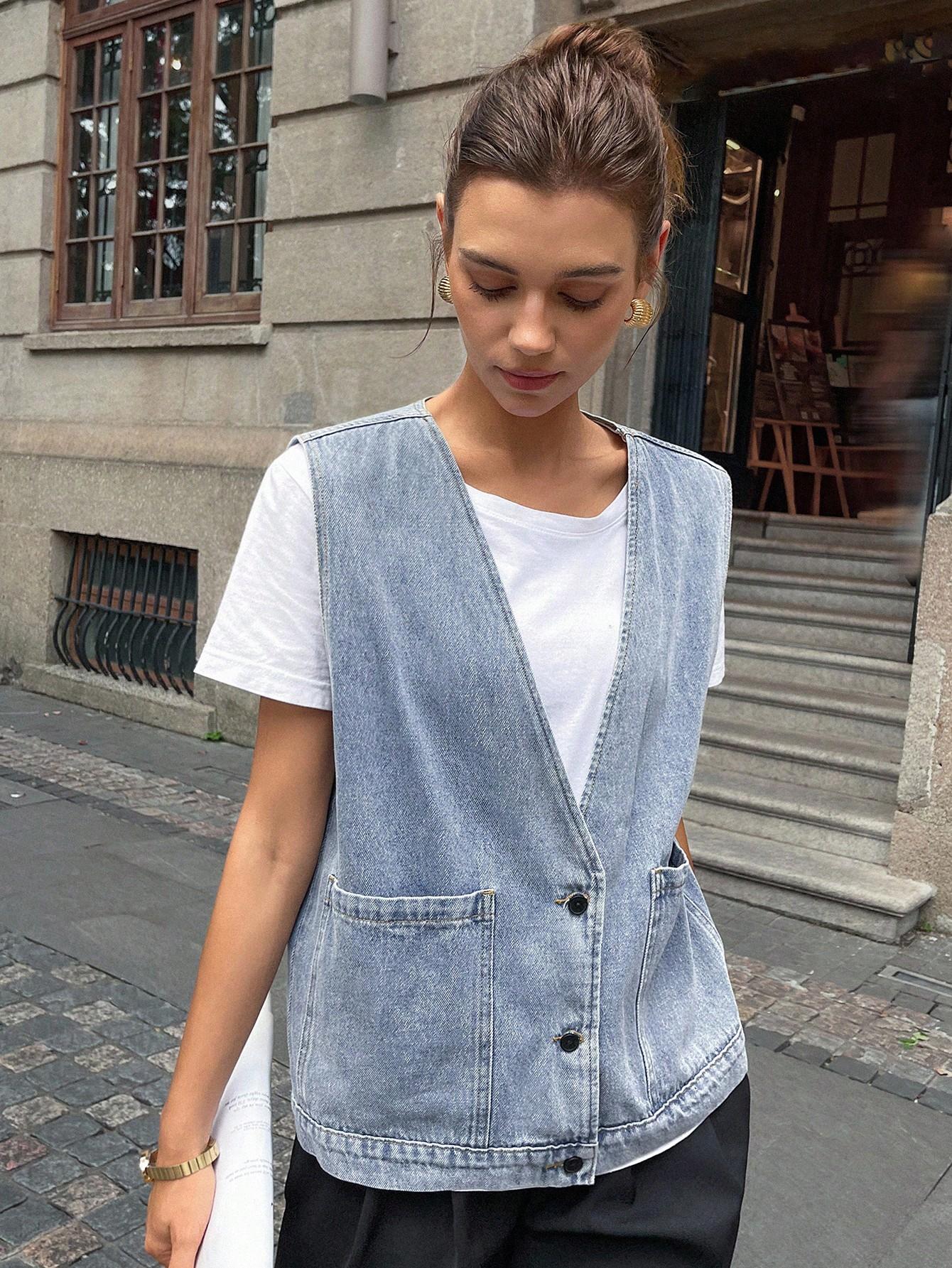 niebieska kamizelka jeans guziki