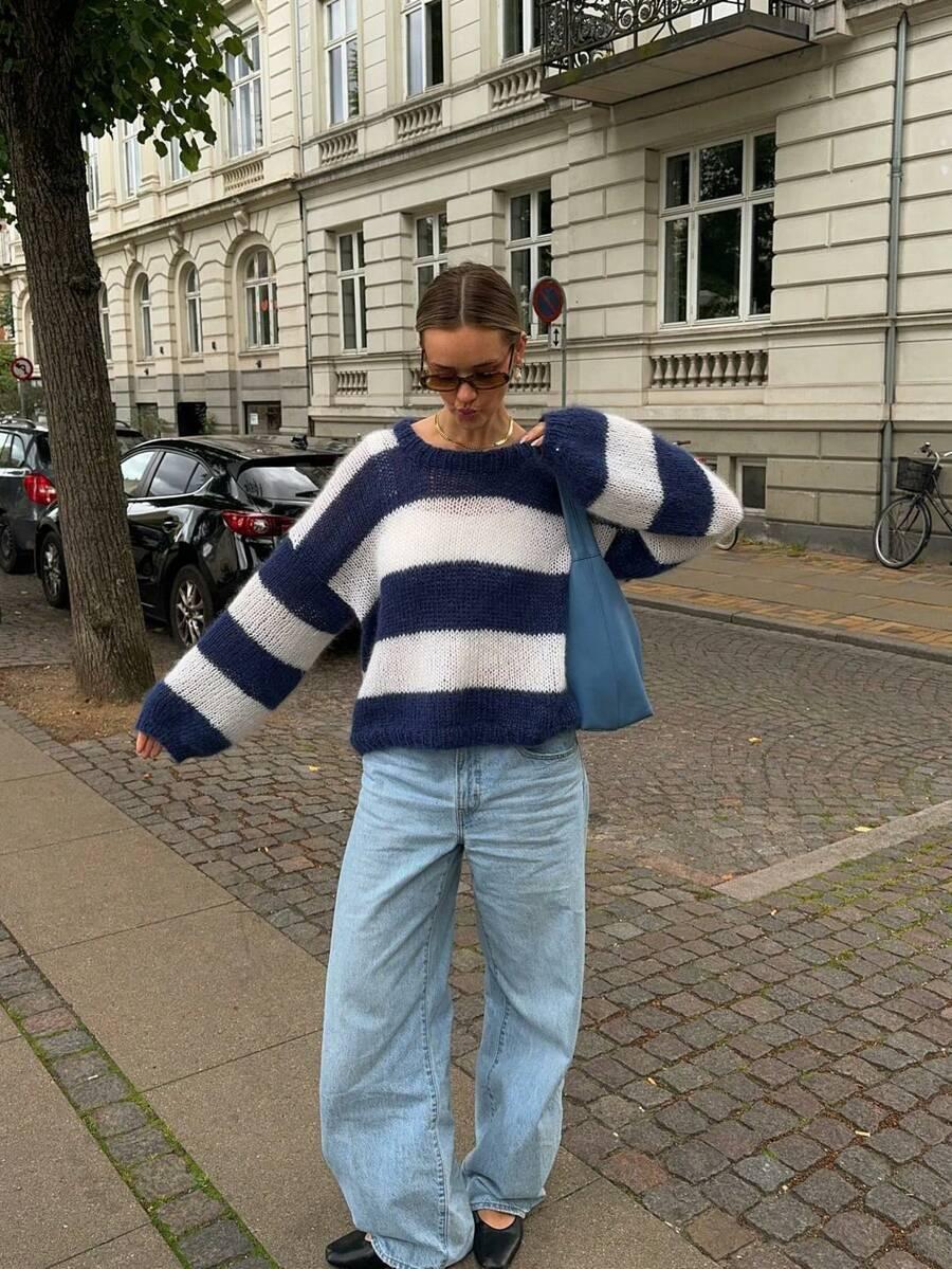 sweter w paski z domieszką wełny