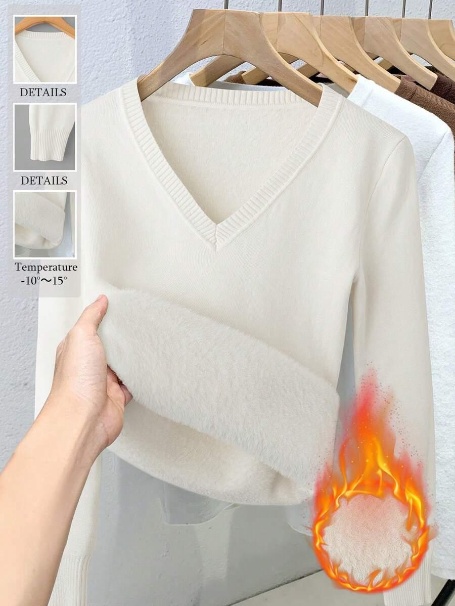 KREMOWY SWETER DŁUGI RĘKAW v-neck
