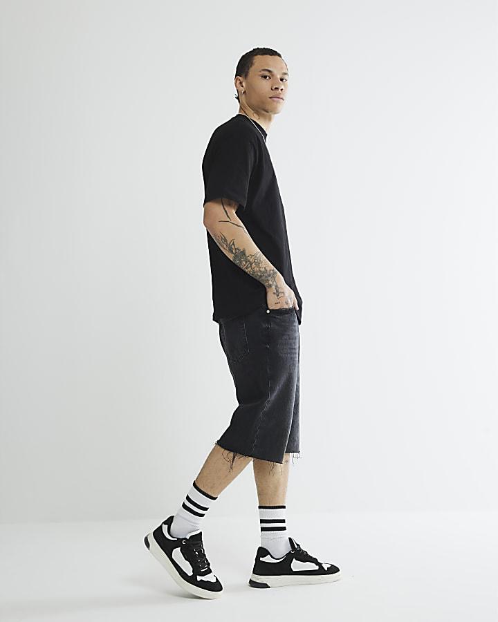 bawełniany CZARNY T-SHIRT OVERSIZE okrągły dekolt