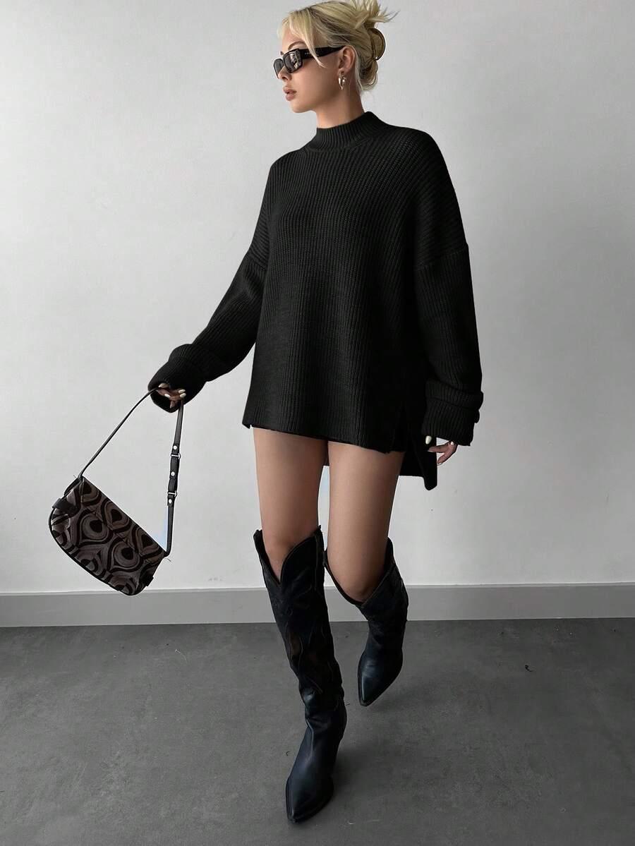 CZARNY DZIANINOWY SWETER