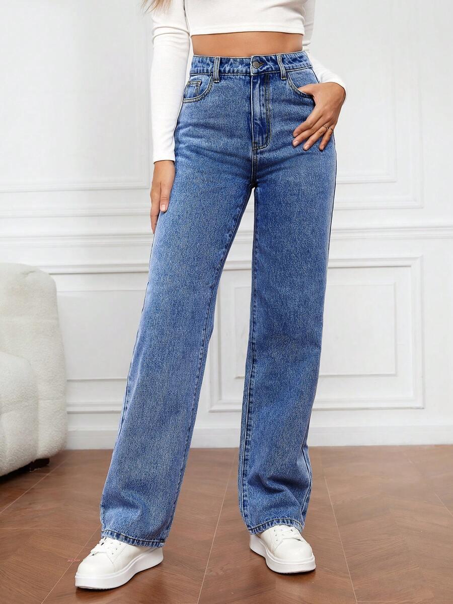 niebieskie spodnie proste jeans wysoki stan
