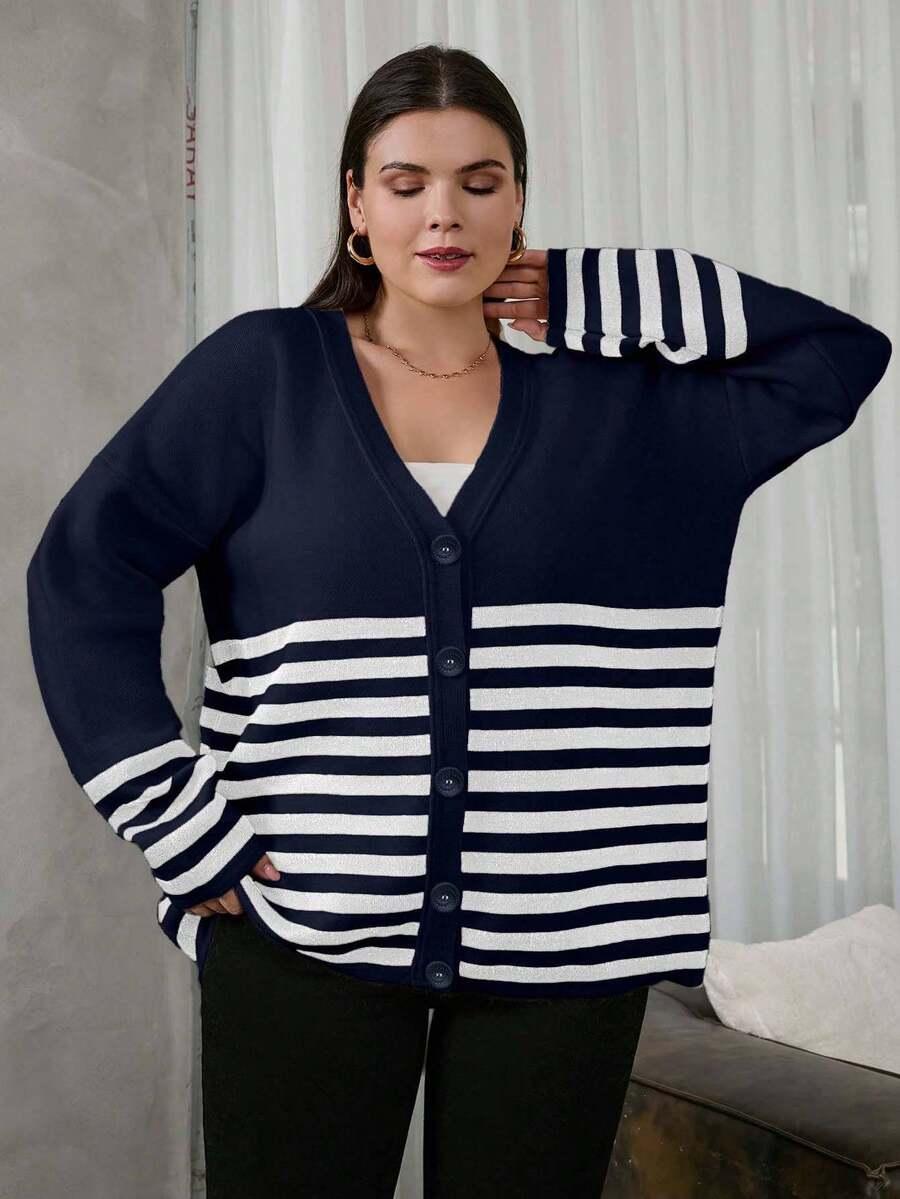 granatowy sweter v neck wzór paski