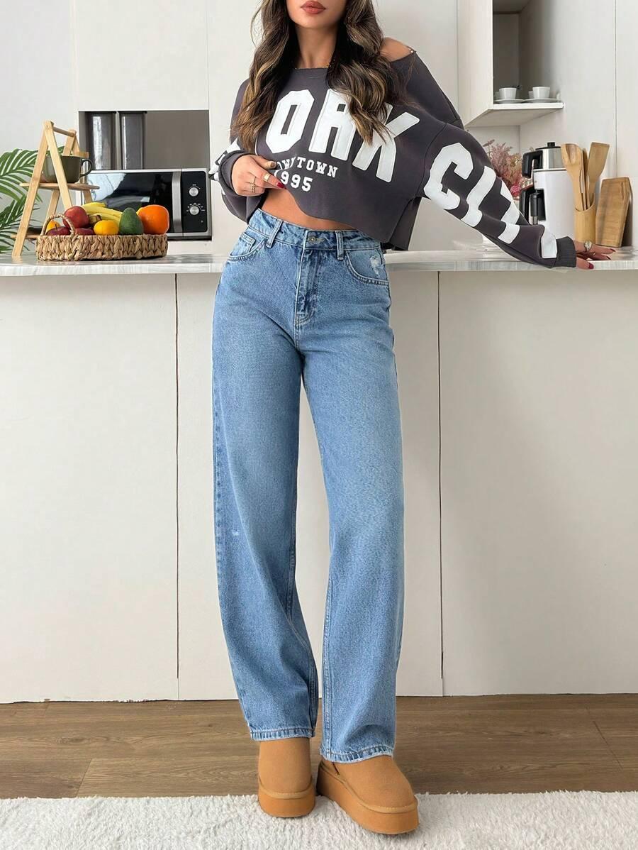 niebieskie spodnie jeans wysoki stan 