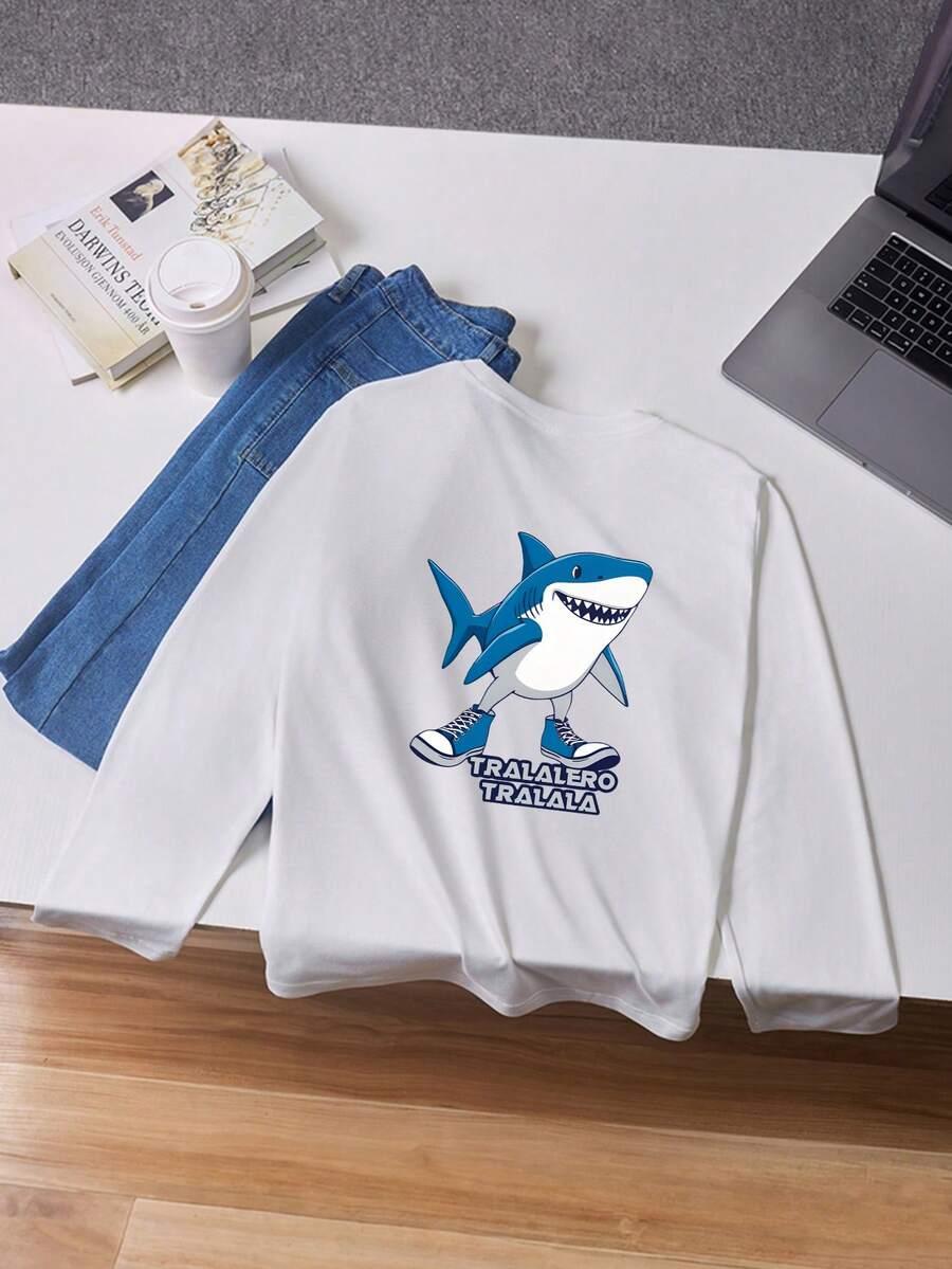 biała bluzka nadruk shark