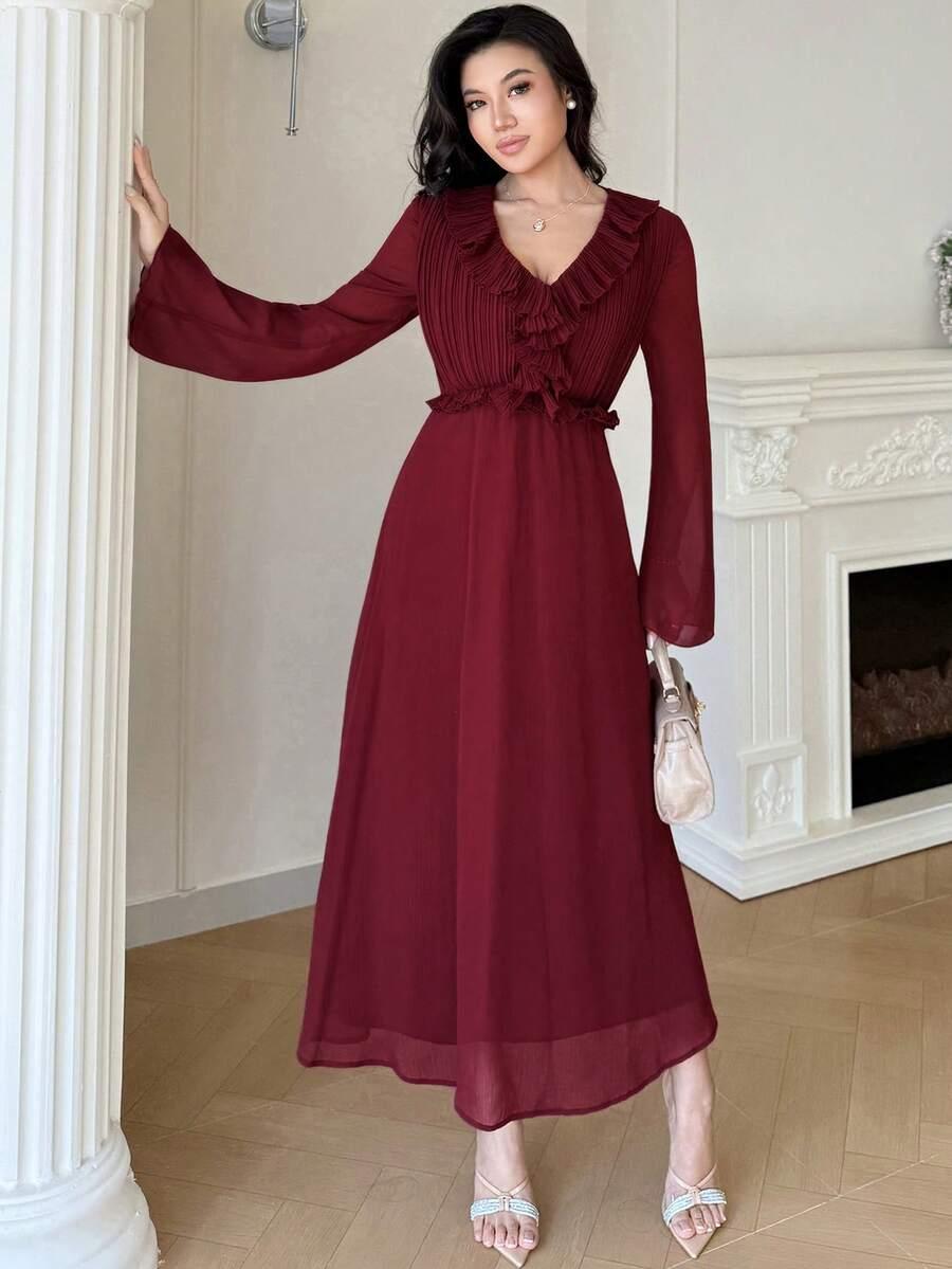 maxi sukienka długi rękaw v neck falbana 