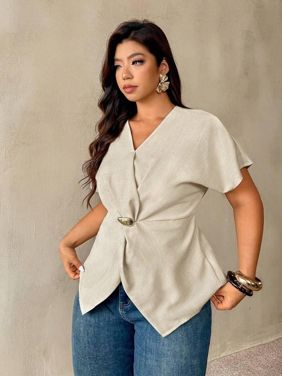 BEŻOWA BLUZKA V-NECK