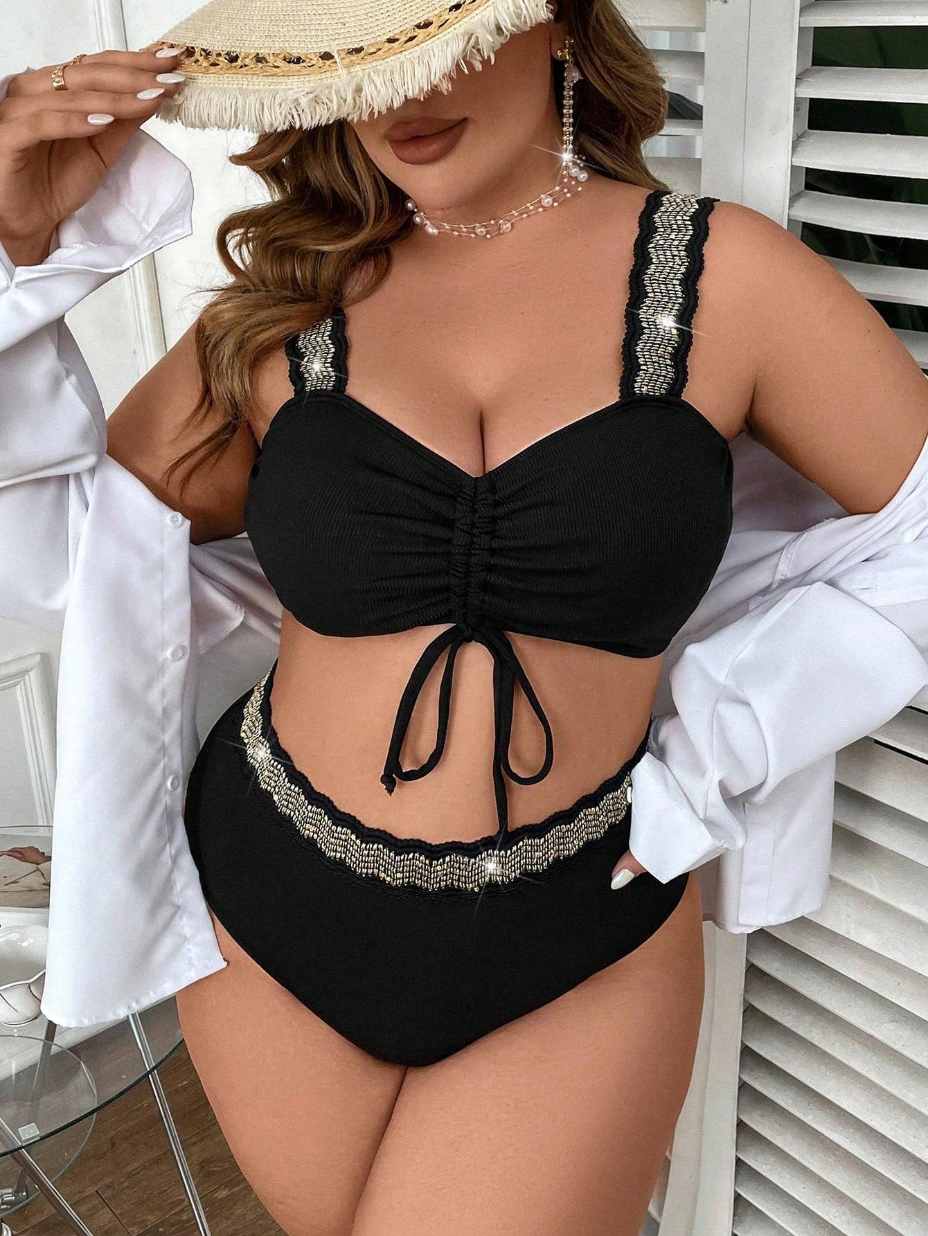 czarna góra od bikini ściągacz zdobienie haft