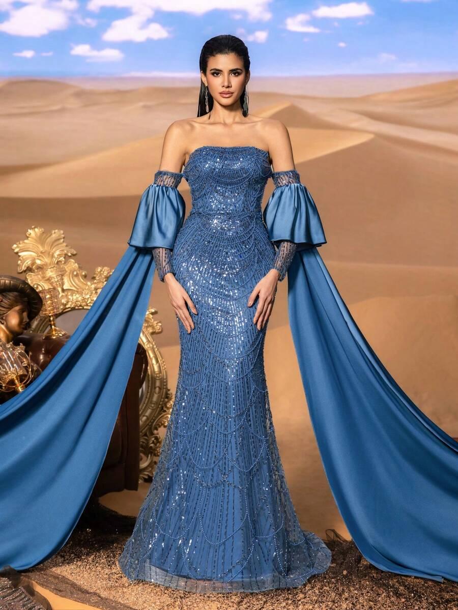 niebieska maxi sukienka zdobienia
