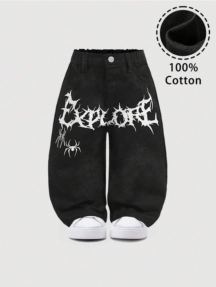 czarne spodnie jeans nadruk