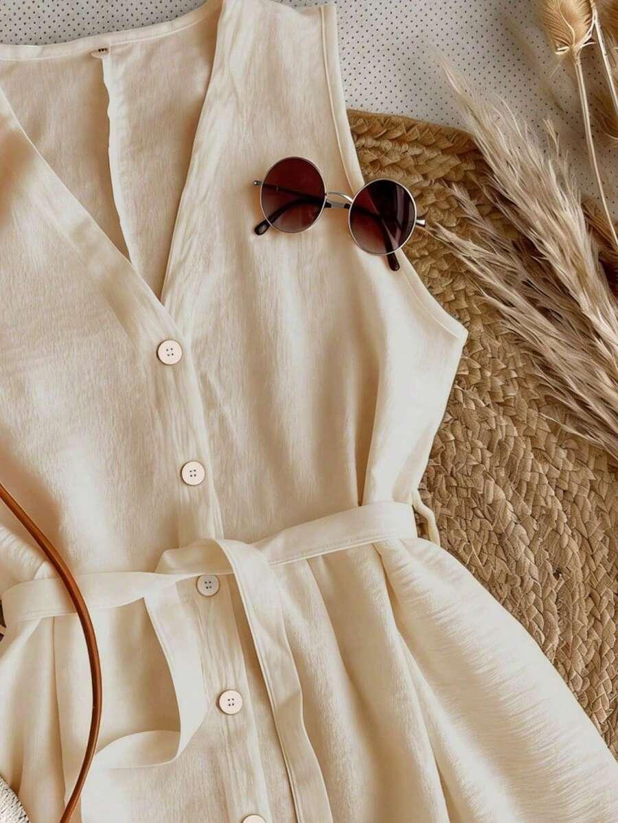 beżowa sukienka v-neck falbana