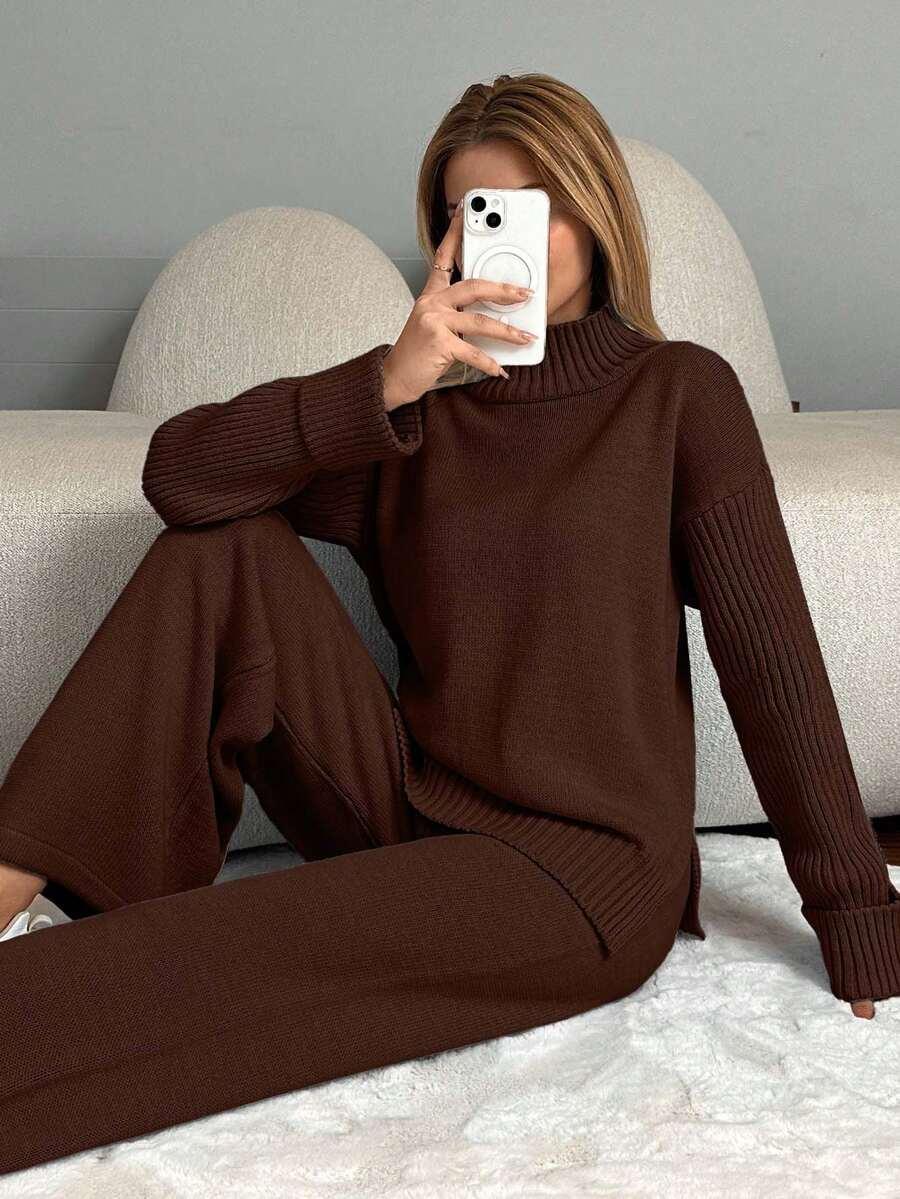 brązowy komplet sweter spodnie