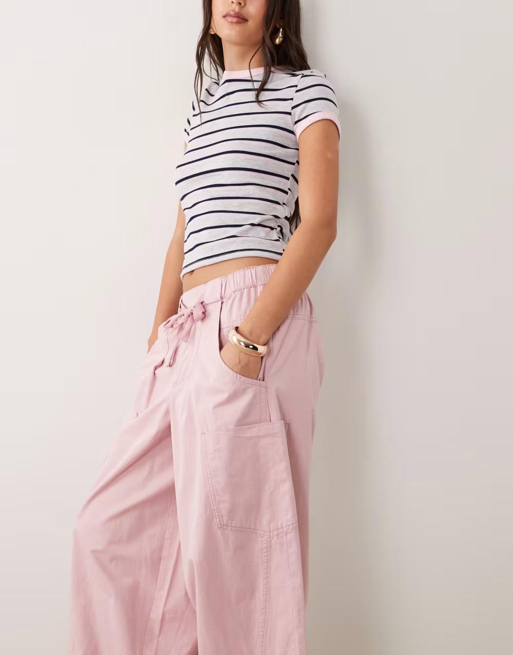 różowe spodnie barrel leg casual kieszenie wiązanie