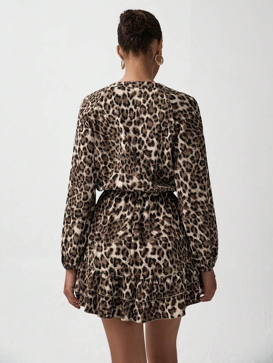 mini sukienka długi rękaw animal print wiązanie 