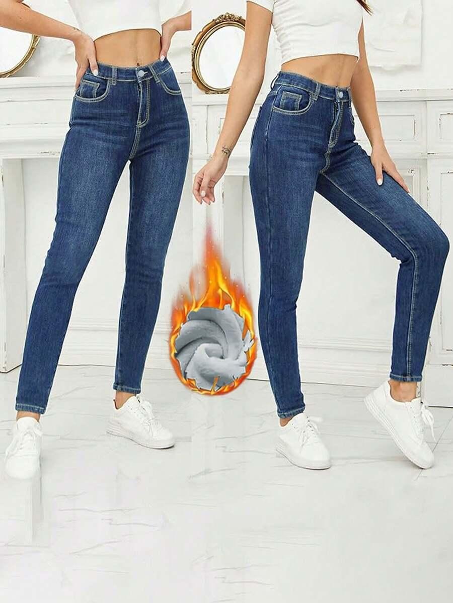 spodnie jeans wysoki stan ocieplenie 
