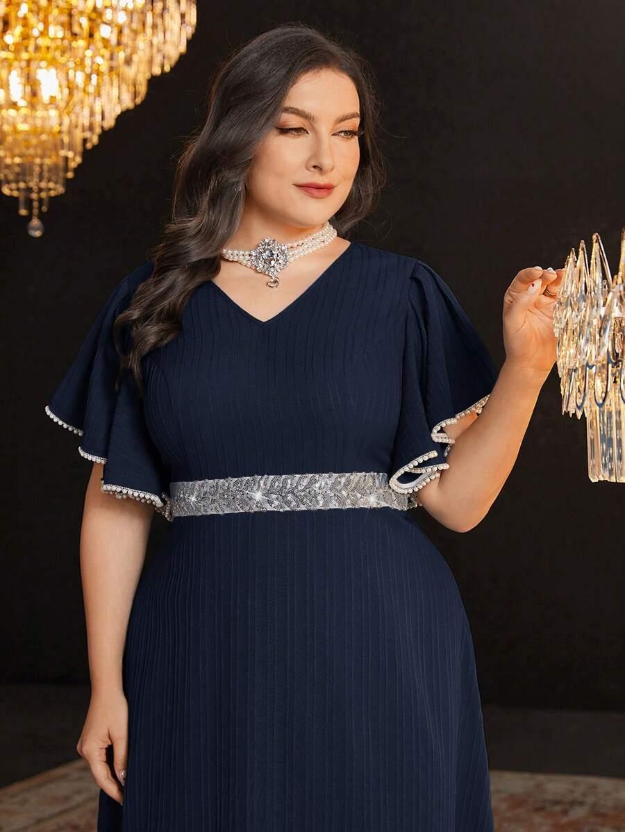 GRANATOWA SUKIENKA V NECK ZDOBIENIE 