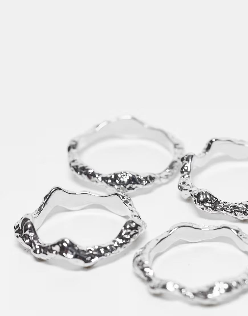 młotkowane pierścionki w kolorze srebra 4-pack