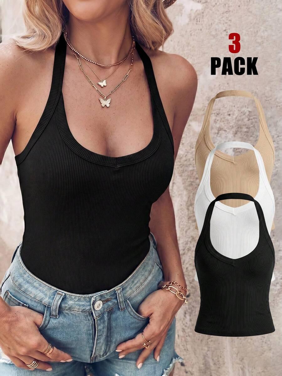 prążkowany top odkryte plecy 3-pack