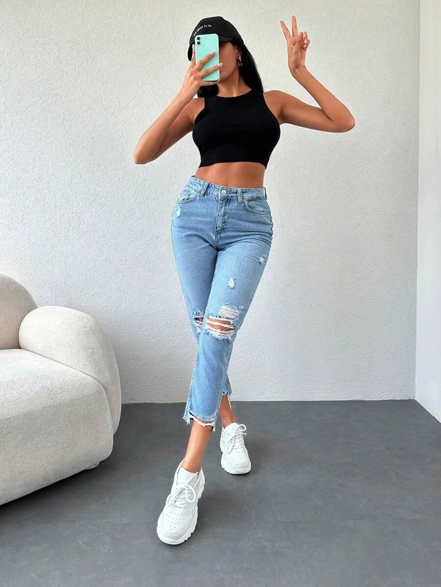 NIEBIESKIE SPODNIE MOM JEANS PRZETARCIA