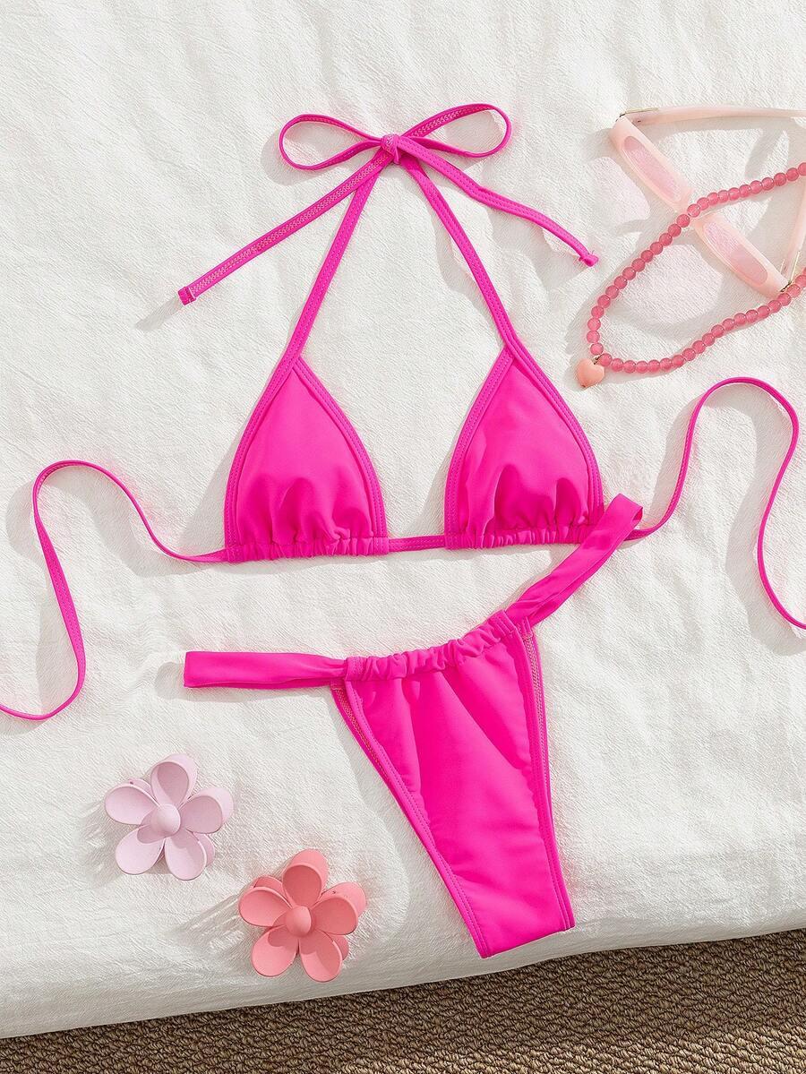 różowy komplet bikini wiązanie