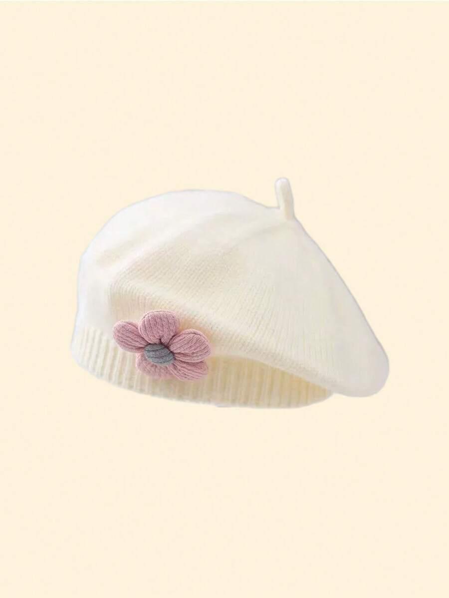 BIAŁy beret KWIATEK 3D