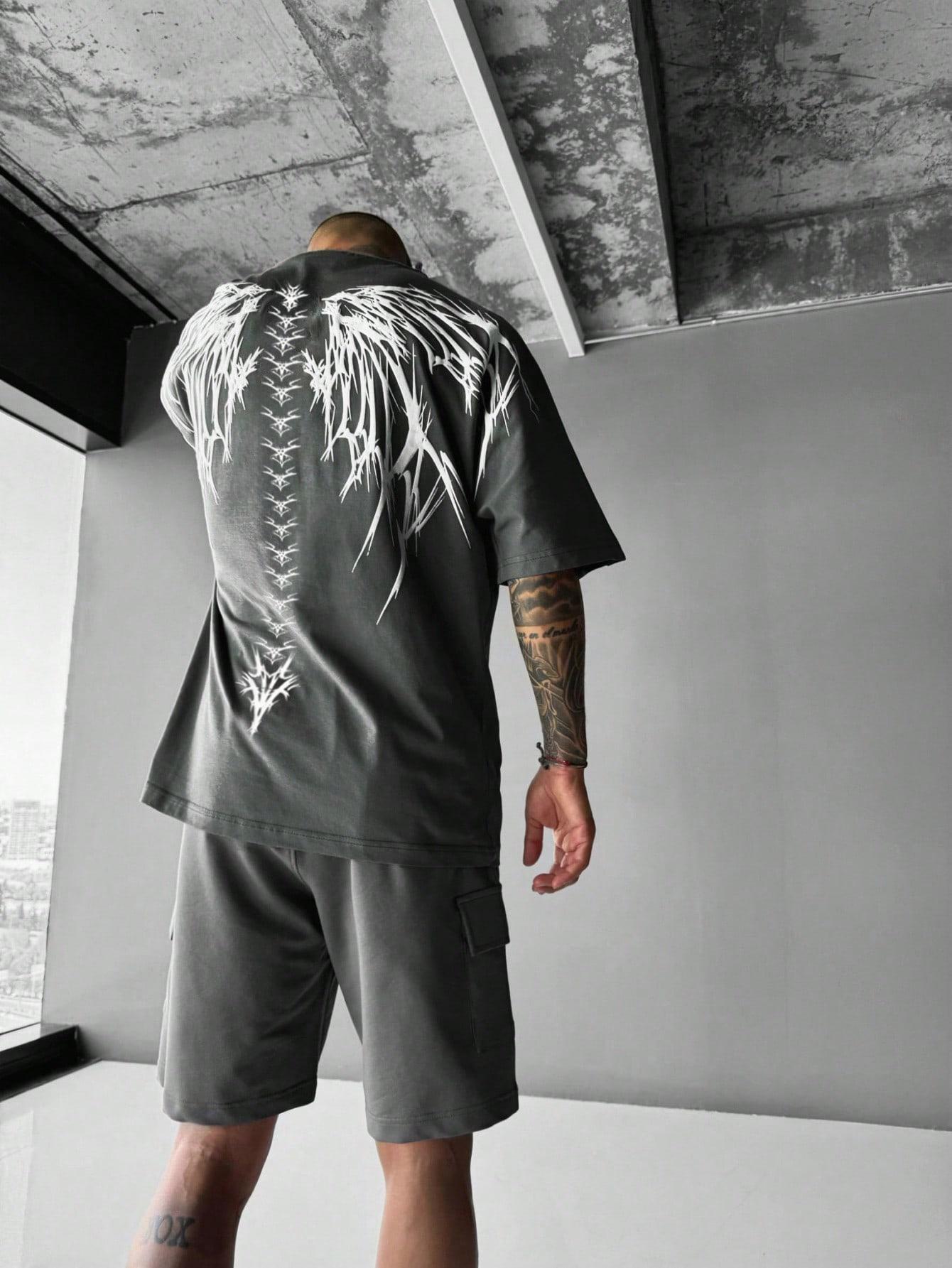 SZARY T-SHIRT OKRĄGŁY DEKOLT PRINT