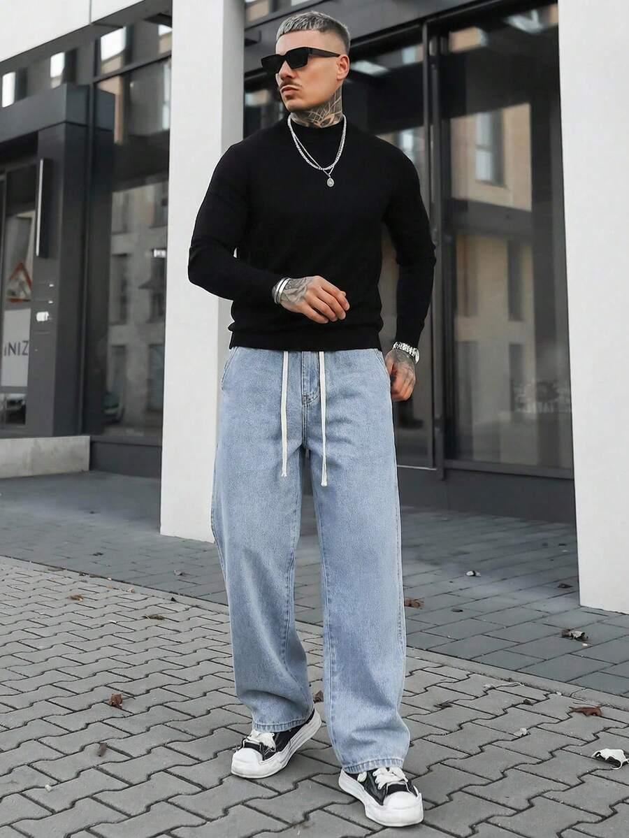 niebieskie proste spodnie jeans